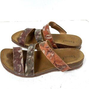 Think! Julia Slip On Cork Sandals Sz 10 Floral Leather Slides Comfortable Artsy
